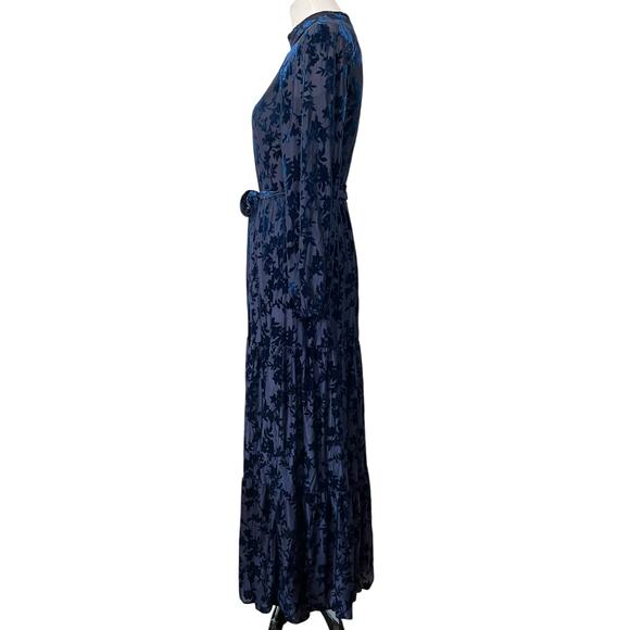 Maison Tara Women's Long Sleeve Velvet Burnout Mock Neck Maxi Dress Blue Sz 8 - Picture 4 of 8